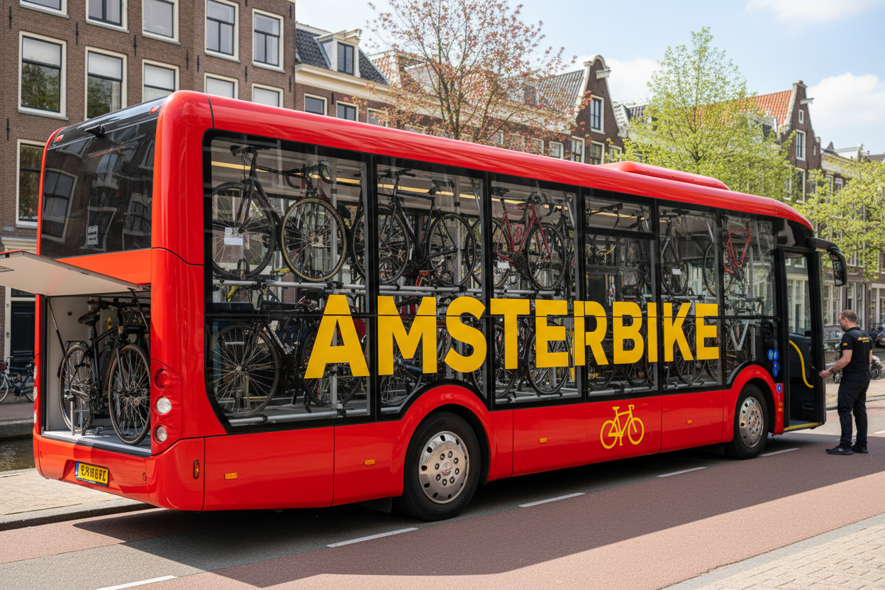 delivery bus van fietsen, de bus is rood en Amstebike naam erop in geel