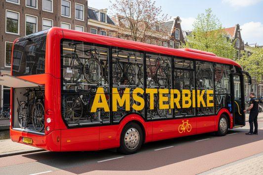 delivery bus van fietsen, de bus is rood en Amstebike naam erop in geel