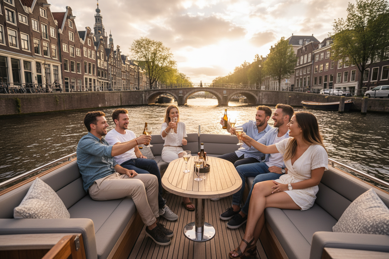 friends on private boat on the Amstel River drinking and laughing