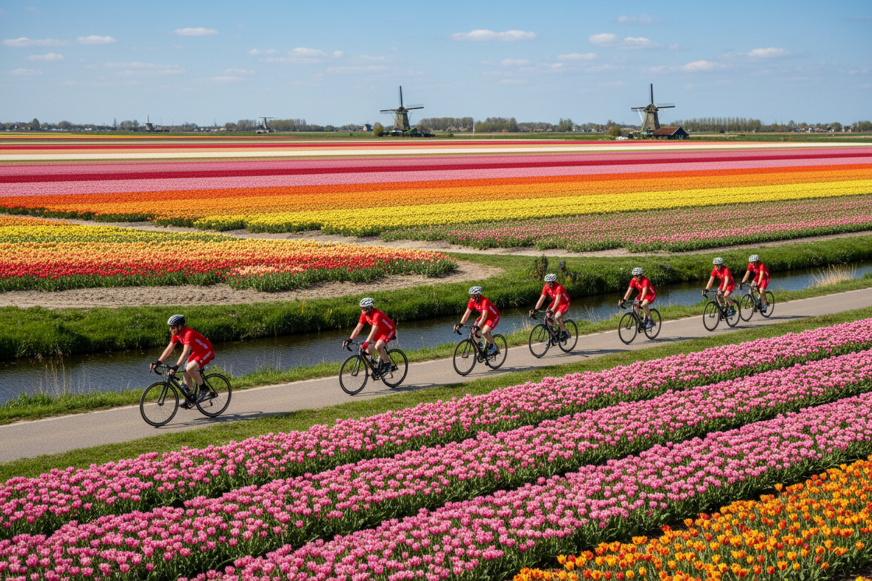 rode fietsers met tulpen velden